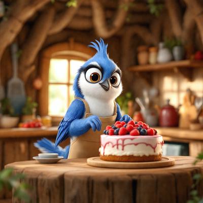The primary subject of the image is a blue bird, possibly a blue jay, standing next to a cake on a wooden table. The bird is wearing an apron, and it appears to be preparing to eat the cake. The setting is a kitchen, with various kitchen items such as bowls, cups, and a spoon visible in the background. The visual style of the image is a combination of photo and digital art, creating a whimsical and playful atmosphere. The colors are predominantly blue and